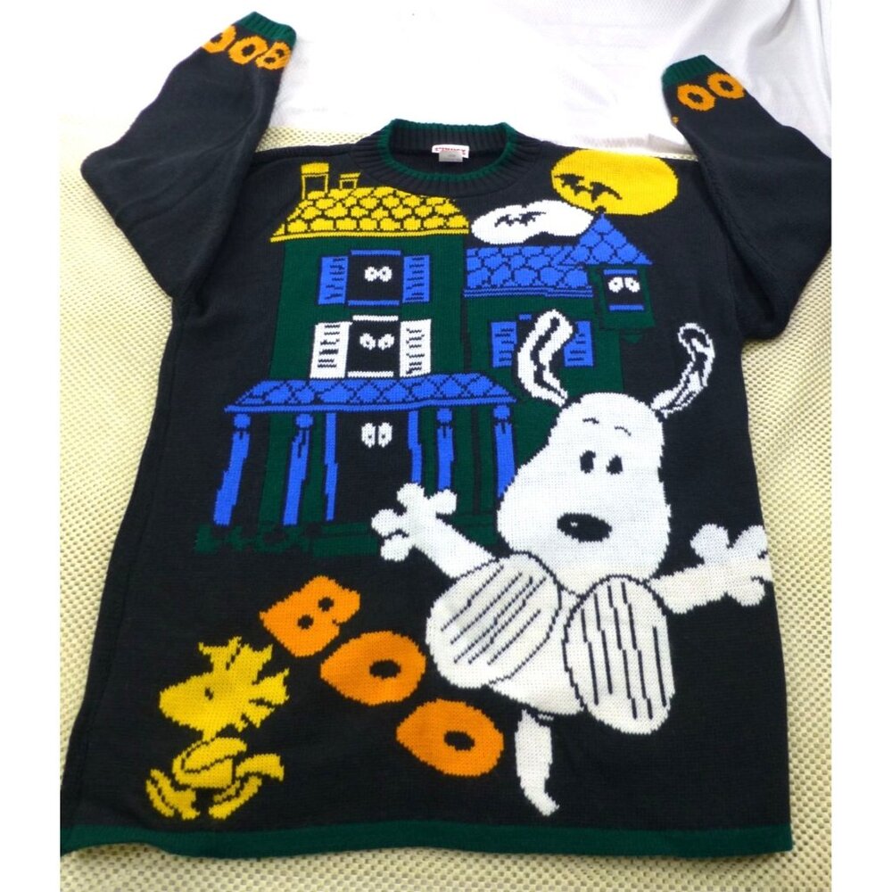 VTG Snoopy & Friends Halloween Boo Sweater Medium Made In USA Ghost & Haunted Ho - Picture 1 of 10